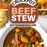 Crockpot beef stew being scooped up with a spoon out of a bowl.