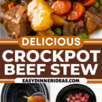 Beef stew being ladled into a bowl and crockpot beef stew being made in a slow cooker.
