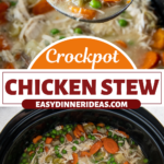 A crockpot filled with chicken stew and a ladle scooping out a serving.