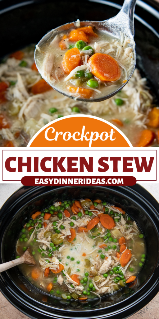 A crockpot filled with chicken stew and a ladle scooping out a serving.