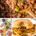 A wooden spoon scooping up some sloppy Joe filling and sloppy Joe in a bun on a plate.