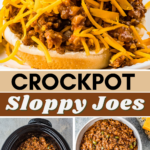 Crockpot sloppy joes in a crockpot with a wooden spoon, in a bowl with buns and a sloppy Joe in a bun.