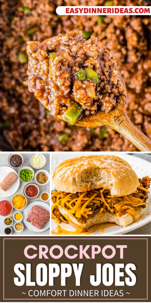 A wooden spoon scooping up some sloppy Joe filling and sloppy Joe in a bun on a plate.