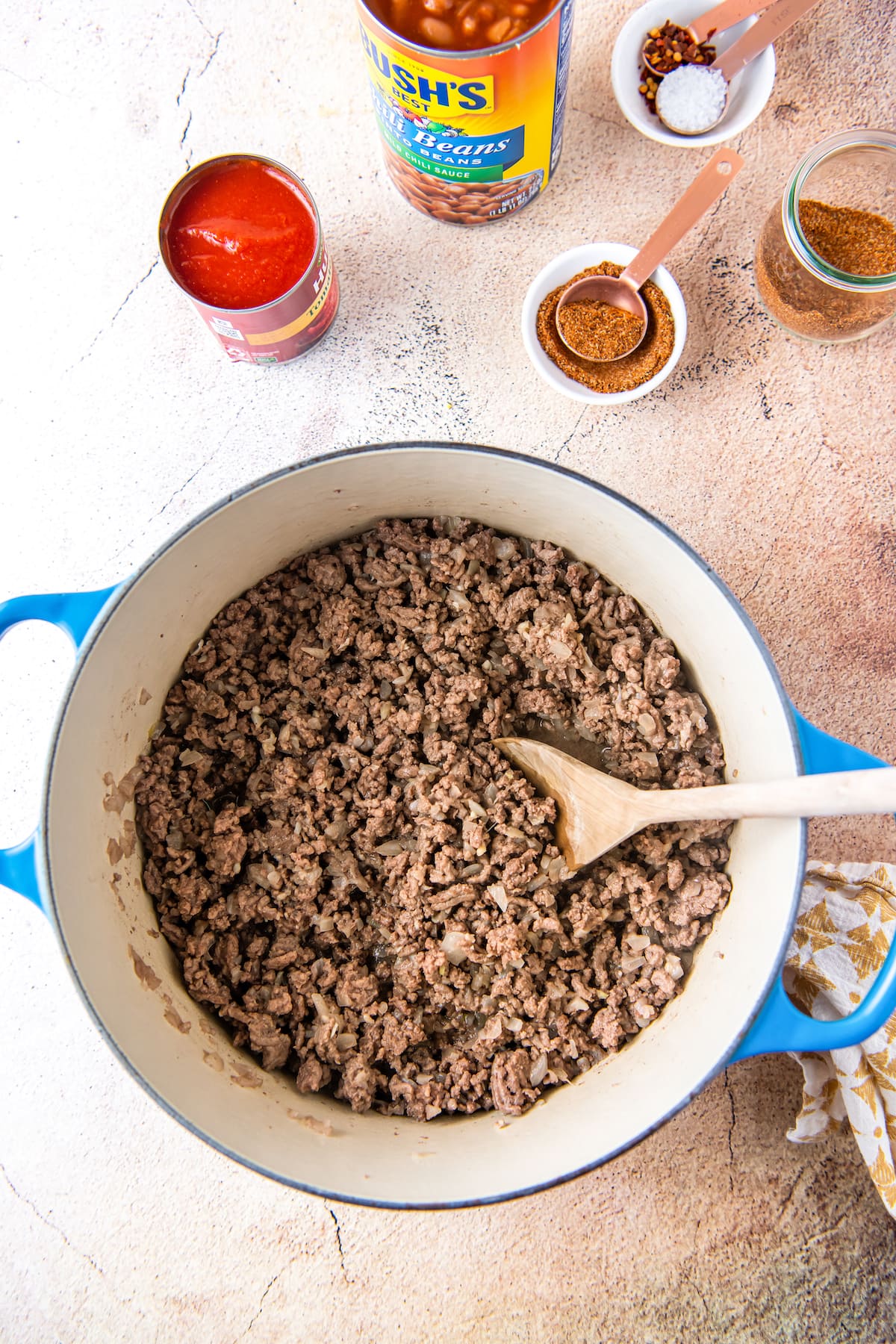 cooked ground beef in a large dutch oven