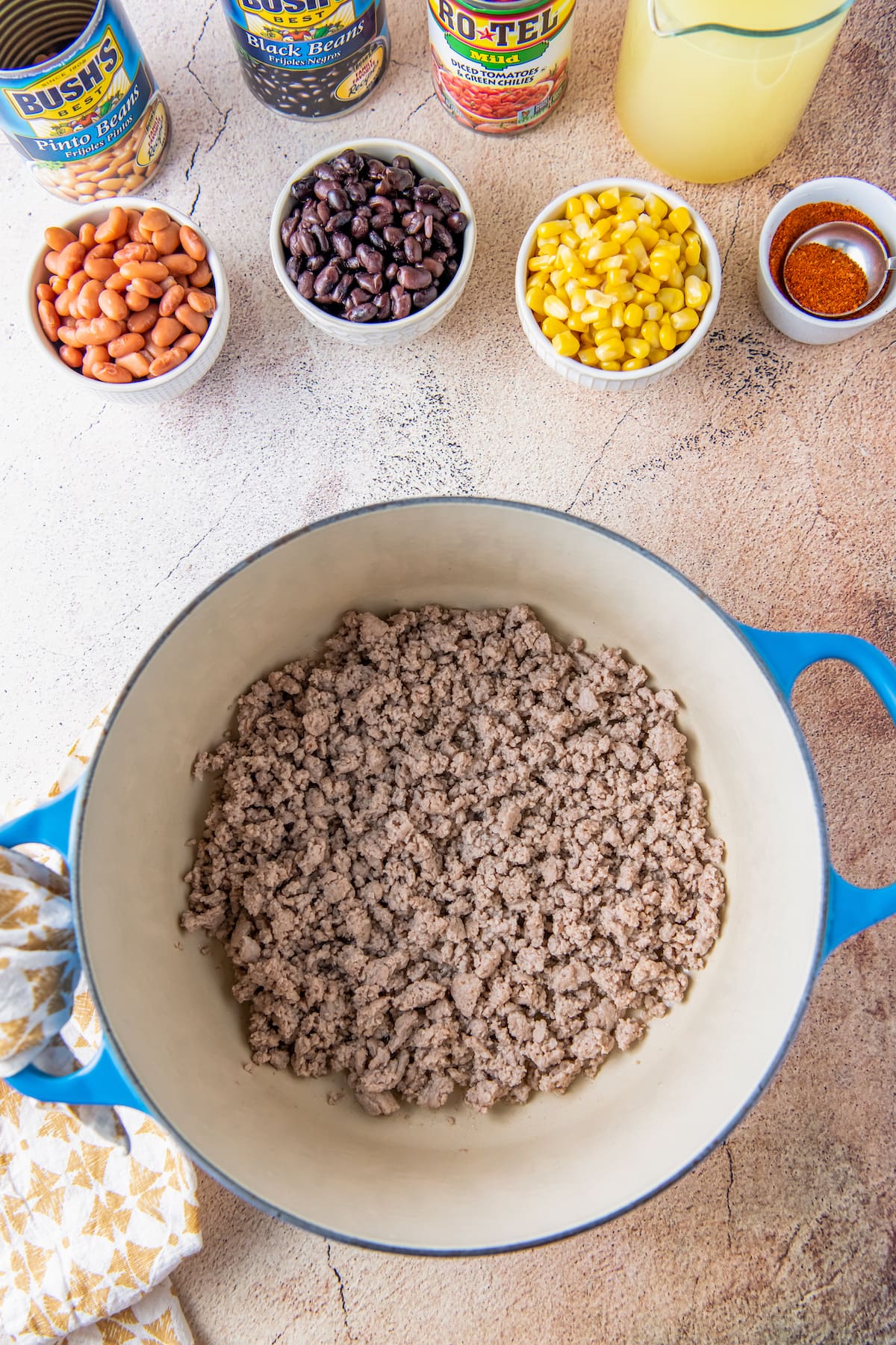 Cooked ground beef in a pot