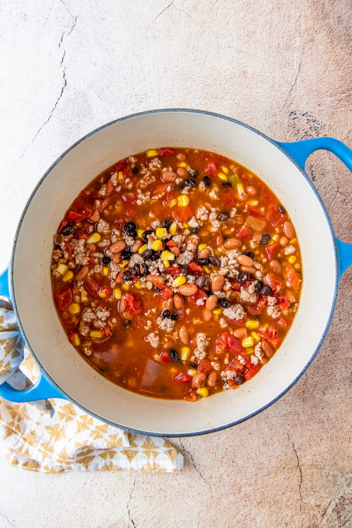 Easy Taco Soup being made in a large dutch oven