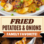 A plate of fried potatoes and onions and a fork taking a bite.