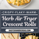 A plate of crescent rolls brushed with herb butter and crescent rolls in an air fryer.