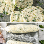 Herb butter wrapped in Saran Wrap and sliced into pieces.
