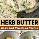 Herb butter sliced into pieces on a plate and herb butter being made in a bowl.