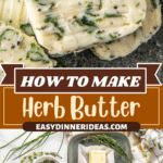 Butter with herbs in bowls around it and herbed butter sliced into pieces.