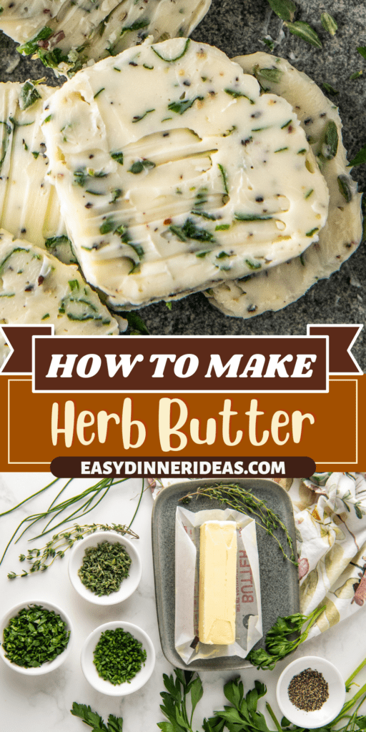 Butter with herbs in bowls around it and herbed butter sliced into pieces.