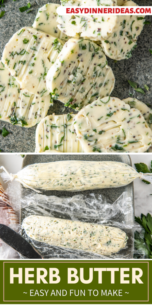 Herb butter wrapped in Saran Wrap and sliced into pieces.