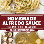 Pasta coated in alfredo with herbs on top with a fork.