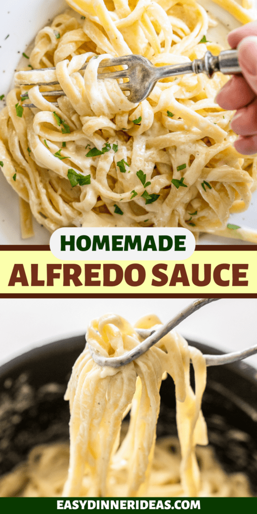 A fork swirling pasta with alfredo on a plate and Alfredo sauced noodles being lifted with tongs.