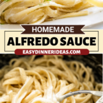 Alfredo sauce on noodles being tossed with tongs.
