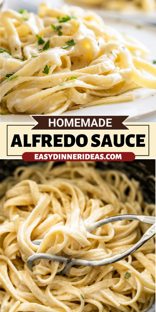 Alfredo sauce on noodles being tossed with tongs.