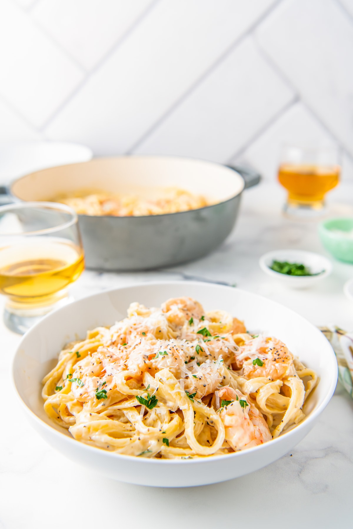 a bowl of shrimp alfredo