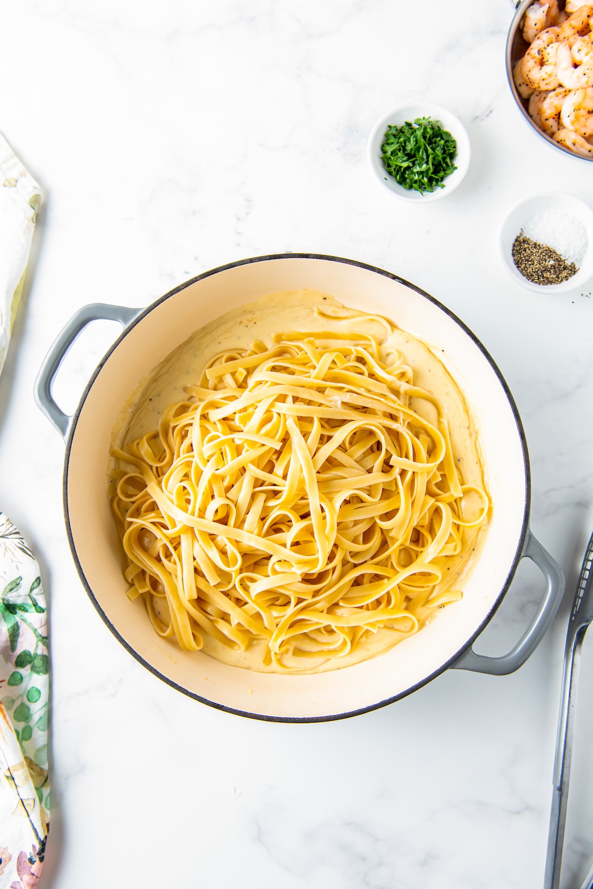 cooked noodles in a large pot