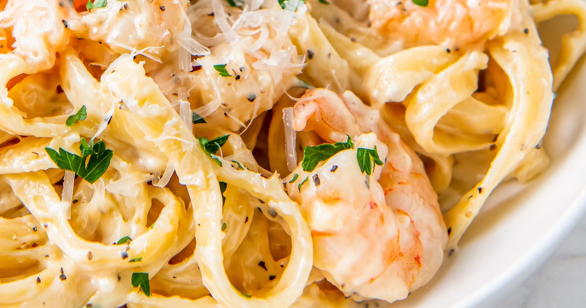 close up of shrimp alfredo