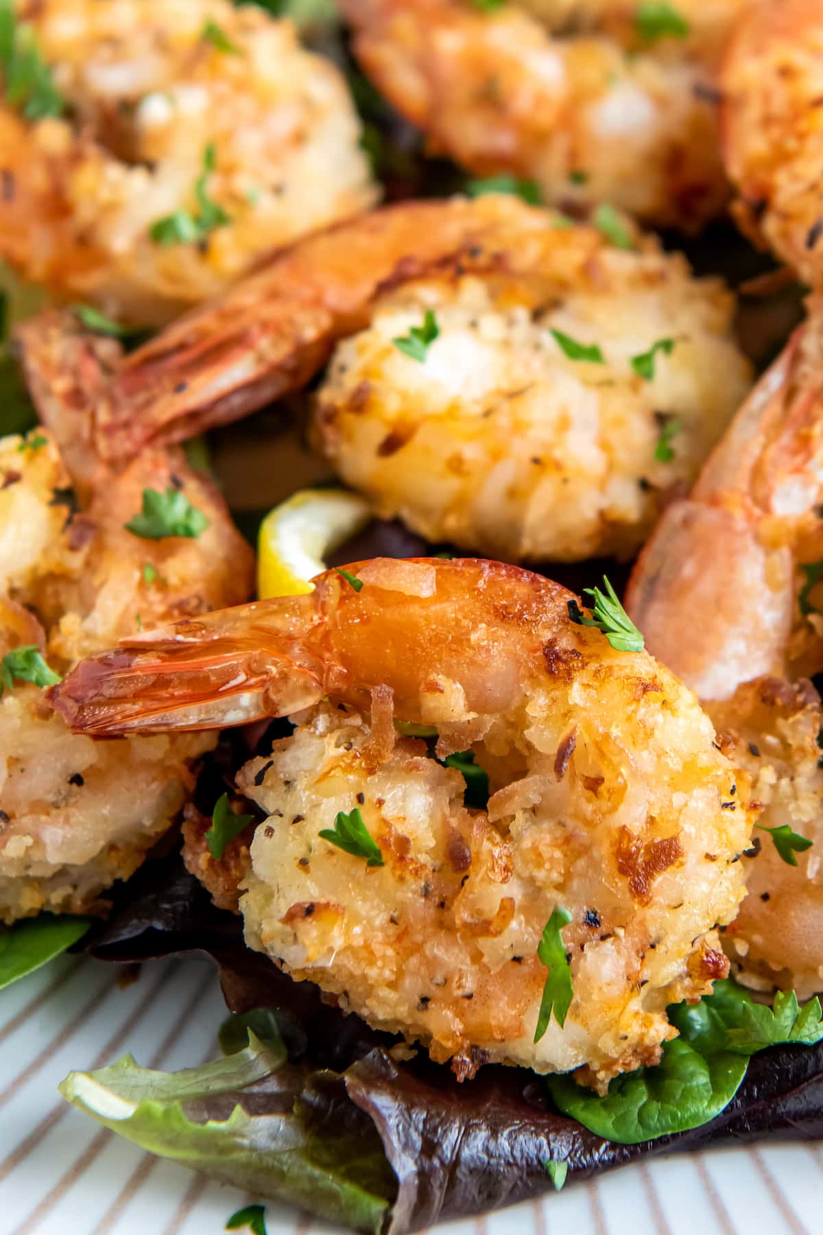 a close up of air fryer coconut shrimp with a golden brown crust and herb garnish