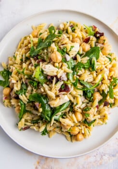 a plate of a salad made with orzo, arugula, red onion, garbanzo beans, and feta
