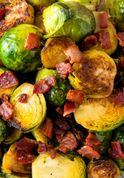 close up of roasted brussels sprouts and bacon pieces