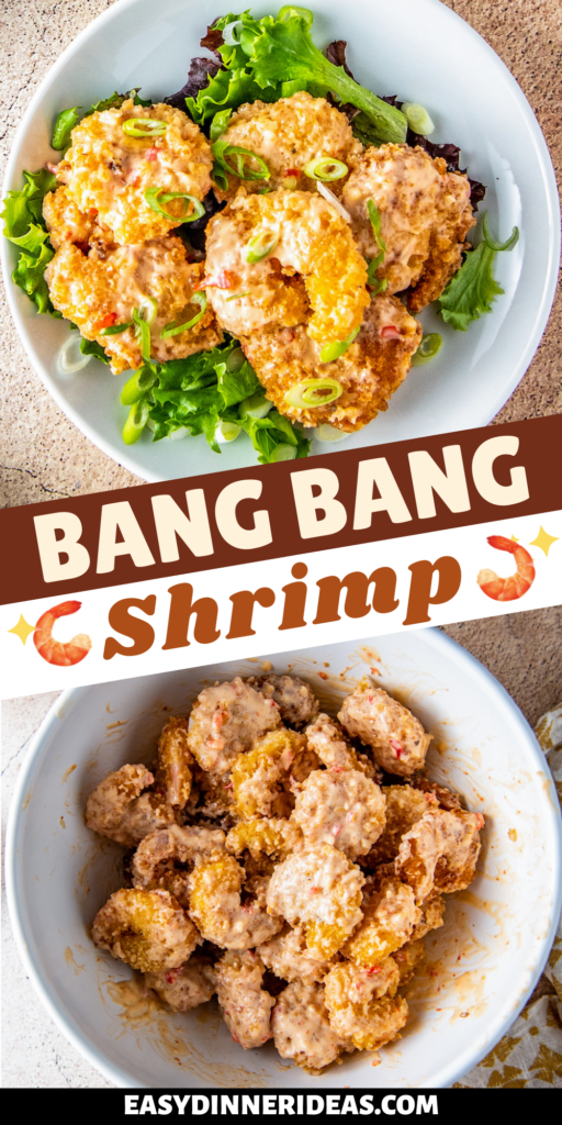Bang bang shrimp on a bed of lettuce on a white plate and fried shrimp tossed in sauce in a white bowl.