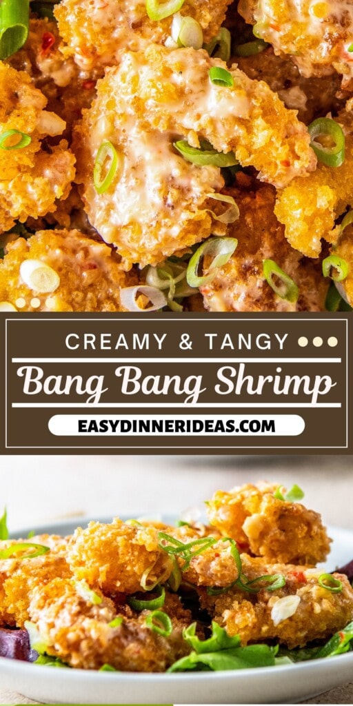 Fried shrimp tossed in bang bang sauce on a bed of lettuce with green onions on top.