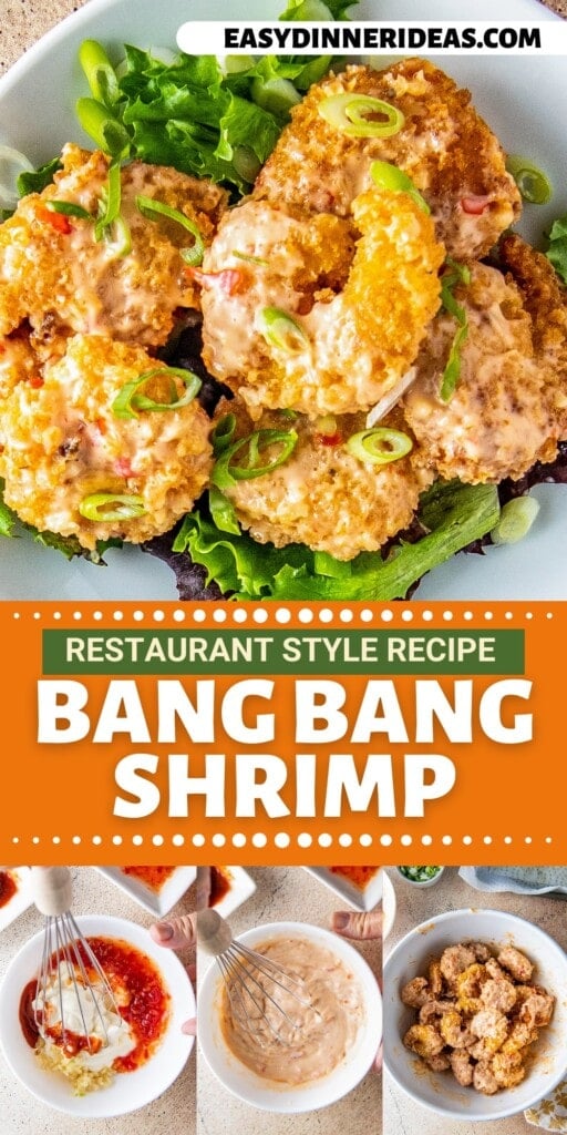 Fried shrimp tossed in bang bang sauce and homemade bang bang sauce being made in a bowl with a whisk.