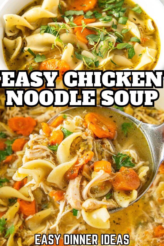 A scoop of hearty chicken noodle soup is held above a pot.