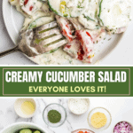 A plate of creamy cucumber salad and ingredients in bowls.