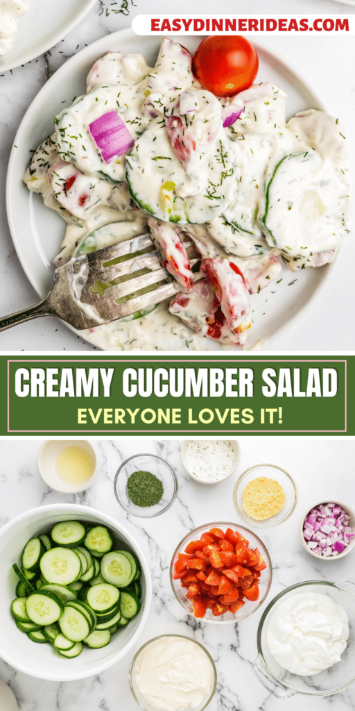 A plate of creamy cucumber salad and ingredients in bowls.