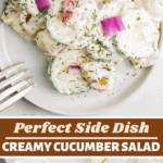 A plate of creamy cucumber salad on a plate with the salad being mixed in a mixing bowl.