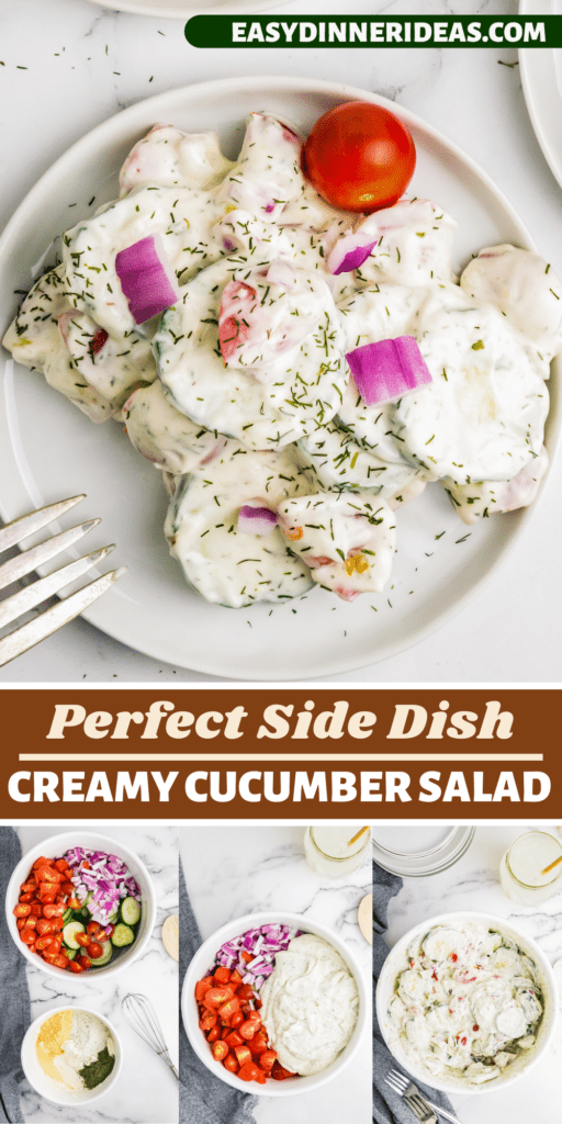 A plate of creamy cucumber salad on a plate with the salad being mixed in a mixing bowl.