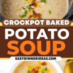 A ladle scooping out a serving of potato soup and a bowl of potato soup with cheese, bacon and green onions on top.