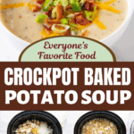 A bowl of potato soup with a spoon scooping up a bite and step by step photos of potato soup being made in a crockpot.