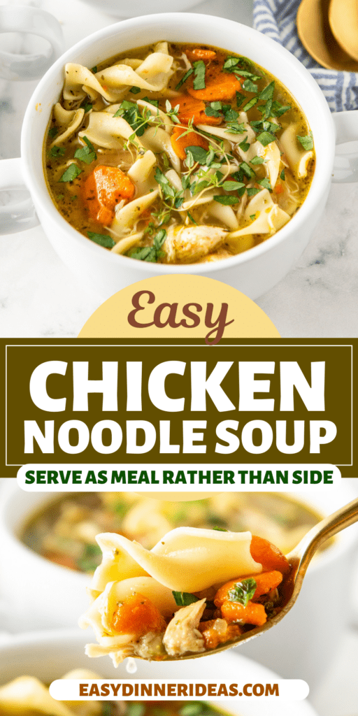 A bowl of chicken noodle soup and a spoon with a bite of noodle soup.