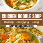 A bowl of chicken noodle soup and a ladle scooping up soup out of a pot.