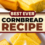 Corn bread sliced into squares stacked on top of each other with melted butter on top.
