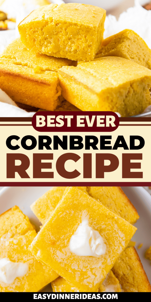 Corn bread sliced into squares stacked on top of each other with melted butter on top.