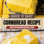 A slice of cornbread being lifted with a spatula and corn bread sliced into squares on a plate with butter on top.
