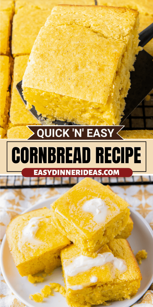 A slice of cornbread being lifted with a spatula and corn bread sliced into squares on a plate with butter on top.
