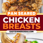 Pan seared chicken breasts on a platter and a fork with a bite of chicken.