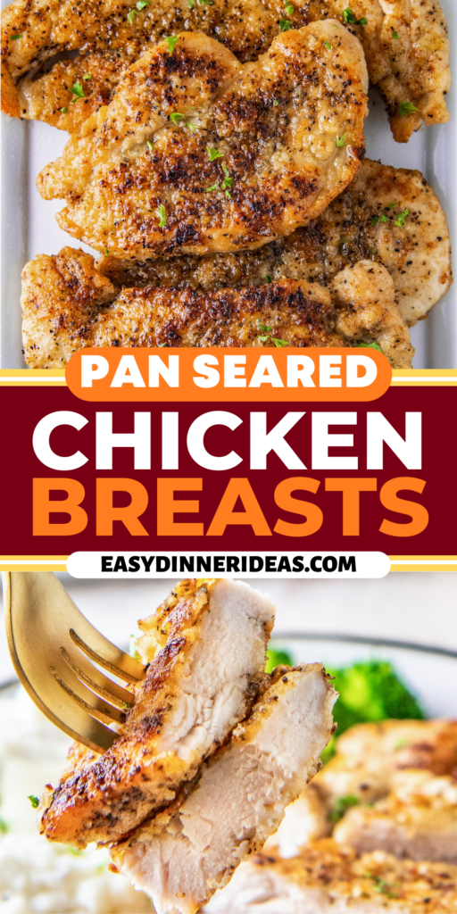 Pan seared chicken breasts on a platter and a fork with a bite of chicken.