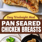 A platter filled with pan seared chicken breasts and being cooked in a cast iron skillet.