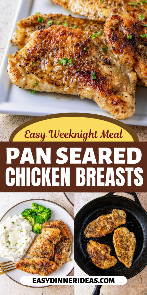 A platter filled with pan seared chicken breasts and being cooked in a cast iron skillet.