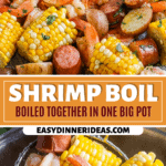 Shrimp boil with potatoes and corn on a platter lined with newspaper and shrimp and corn being scooped out of a pot.
