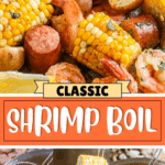 Shrimp, corn, potatoes and sausage all boiled together and poured out onto newspaper and ingredients being added to the shrimp boil pot.