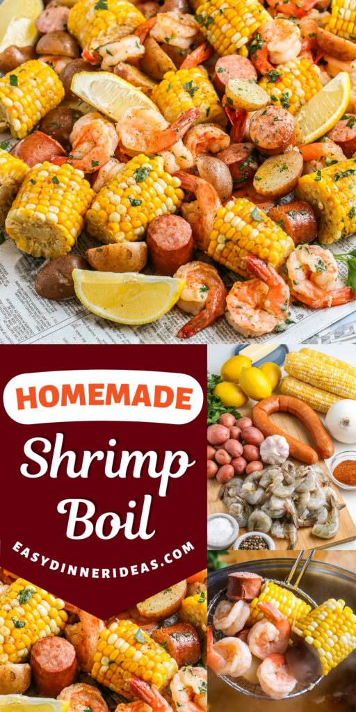 Shrimp boil poured out onto newspaper, ingredients on a cutting board and a ladle scooping up some shrimp, sausage and corn from a pot.